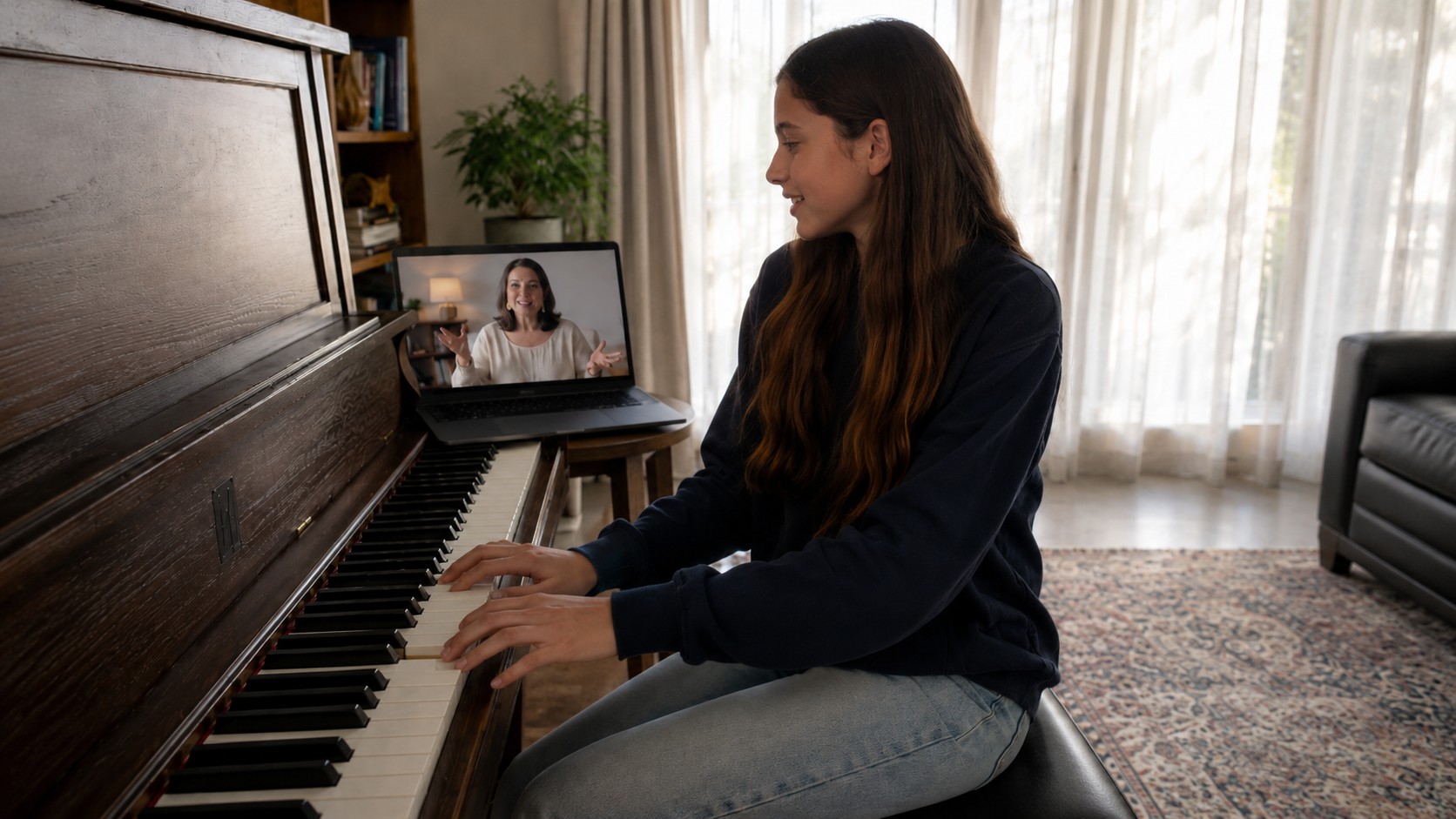 Music teacher giving an online piano lesson to a teen over a laptop