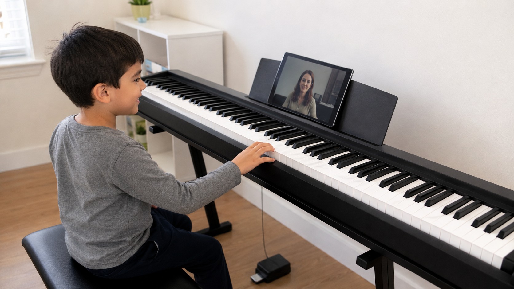 Young child taking an online piano lesson with a teacher on a tablet