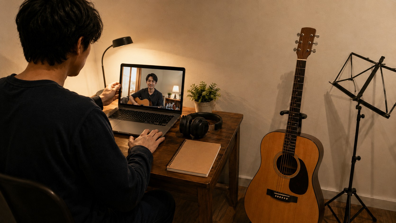 Home music practice space set up with a laptop for an online lesson