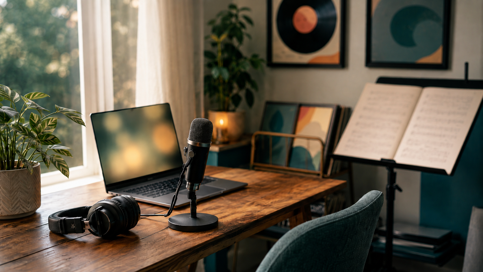 A cozy home online voice-lesson corner with a microphone on a stand, headphones, a laptop, a music stand, and vinyl records in warm daylight