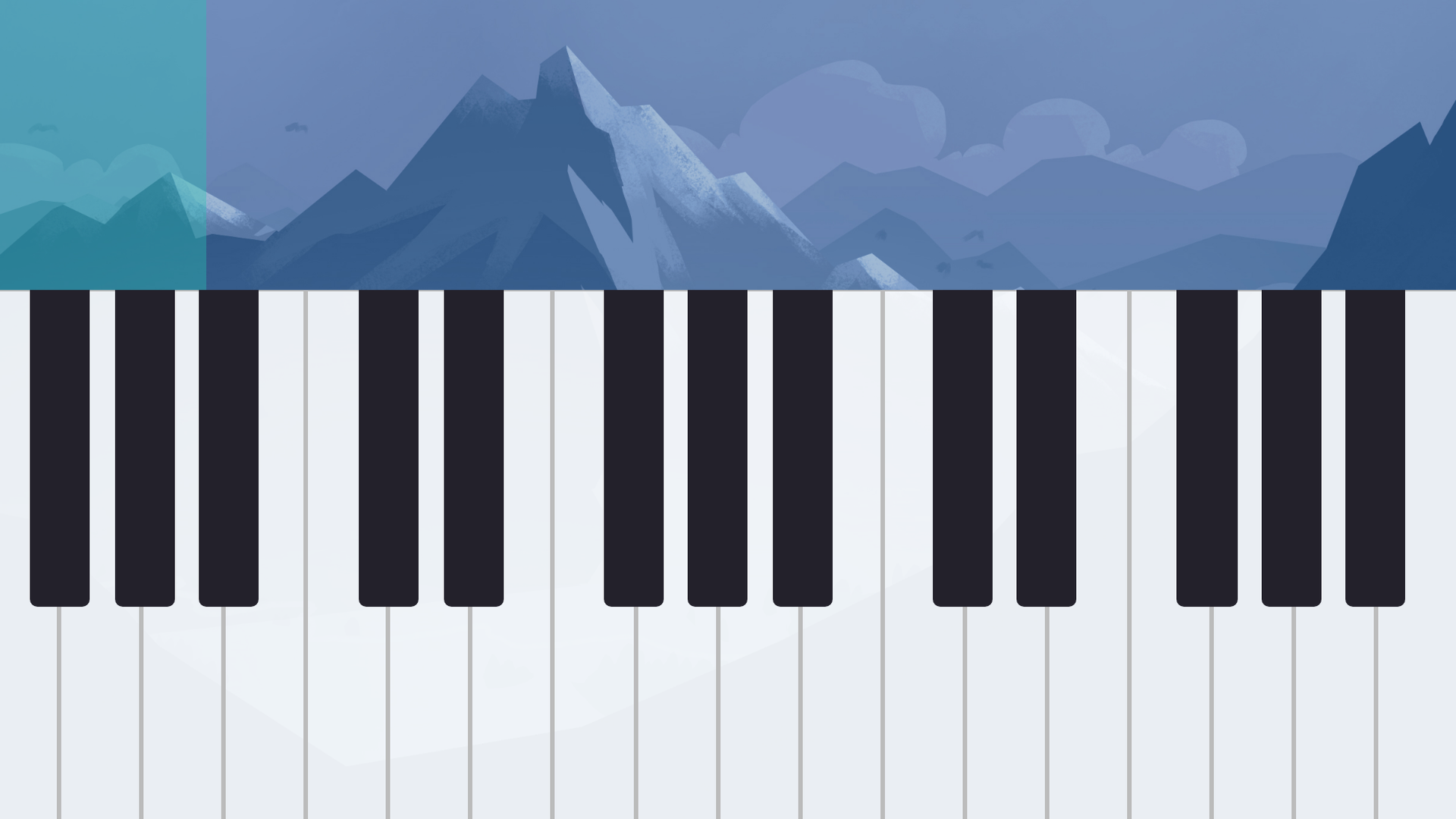 Full-screen Tunelark music learning game with an on-screen piano keyboard against a mountain landscape.