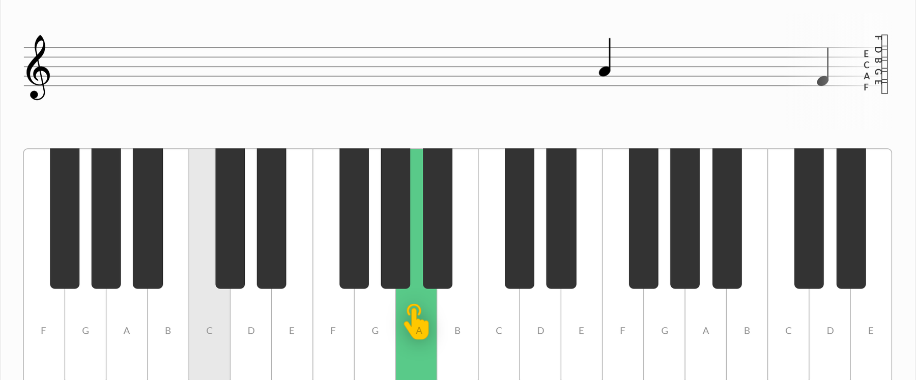 Tunelark note reading game showing a note on the treble clef staff above an on-screen piano keyboard