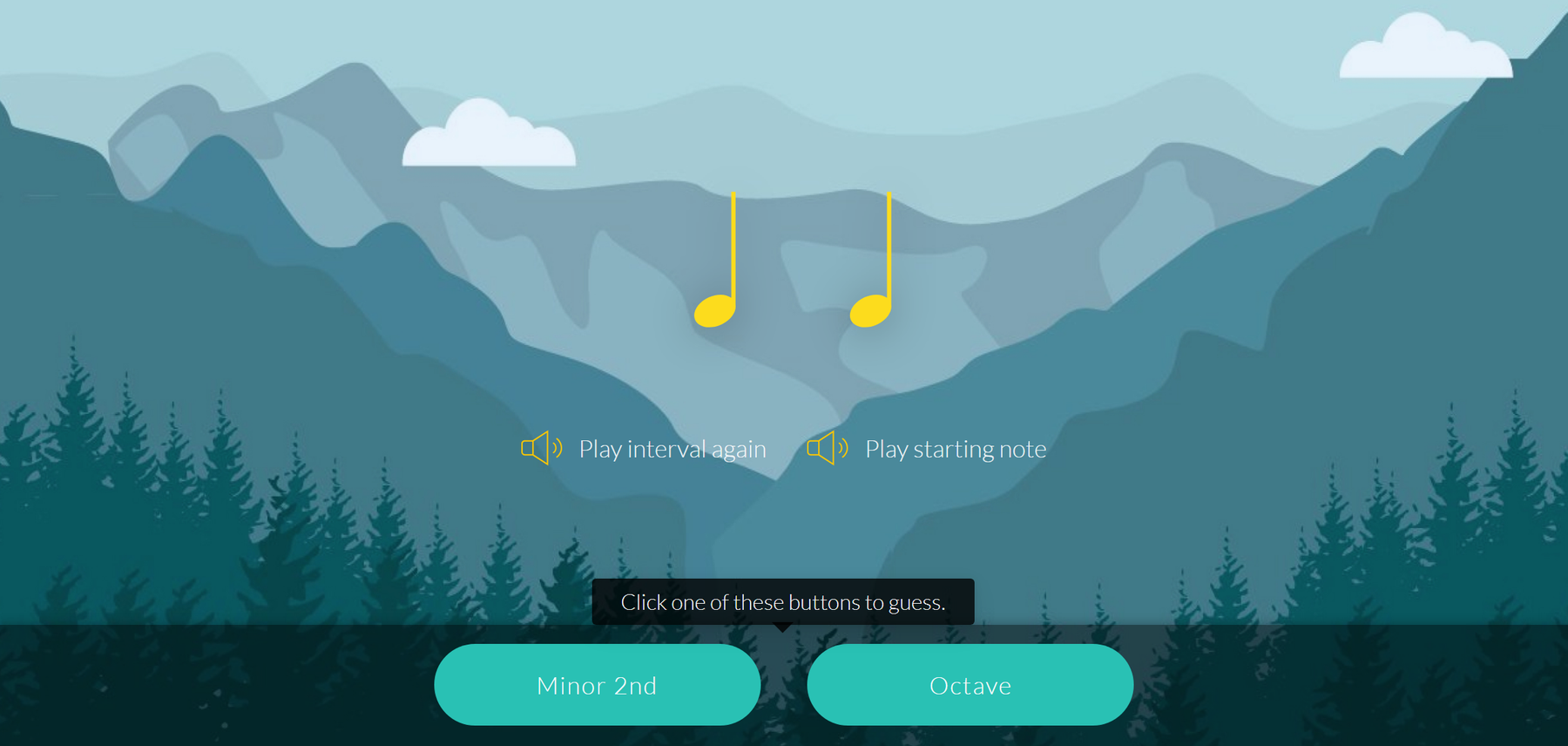 Tunelark interval ear training game with two notes over a mountain landscape, a hint tooltip, and Minor 2nd and Octave answer buttons