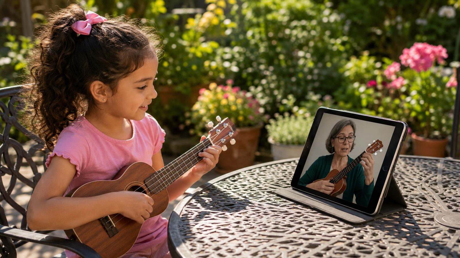 Young girl playing ukulele at a garden patio table during an online lesson with her teacher on a tablet