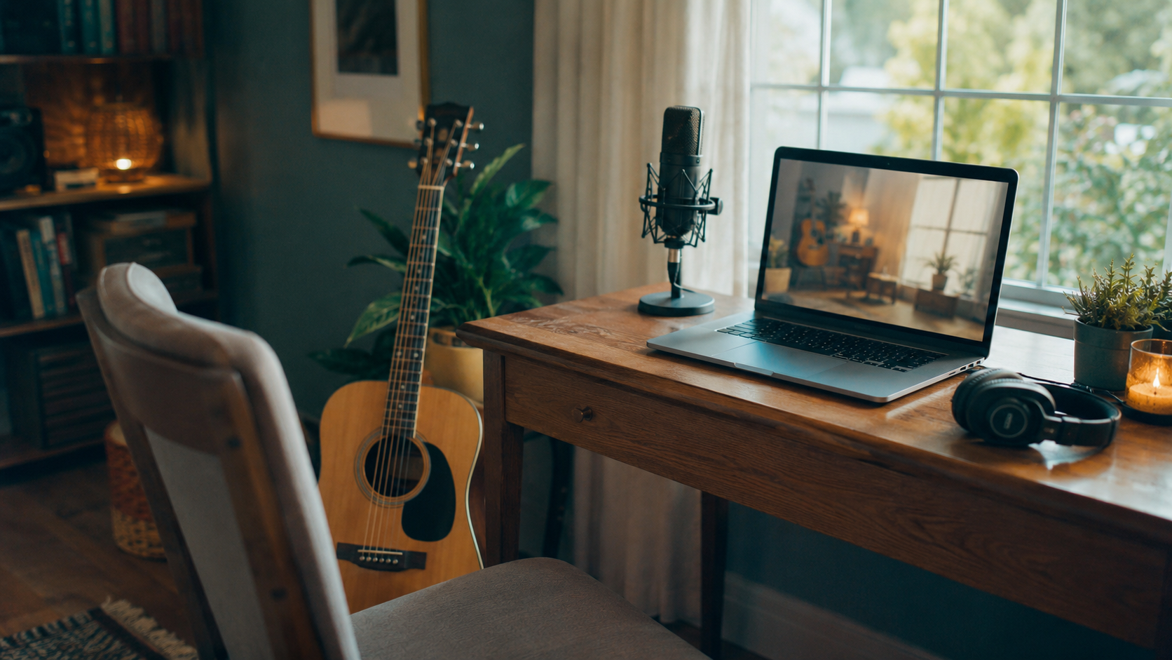 A warm online music-lesson corner with a laptop glowing softly toward an empty chair, a microphone, headphones, and an acoustic guitar in daylight.