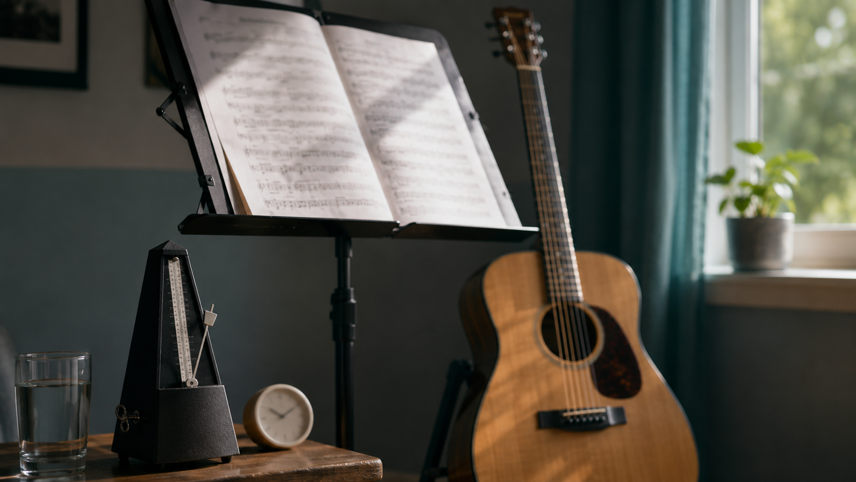 A tidy practice corner with a music stand of soft sheet music, a wind-up metronome, a clock, a glass of water, and an acoustic guitar on a stand in wa