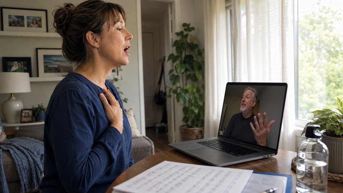 Woman in her forties singing at home in front of a laptop, morning light through the window behind her