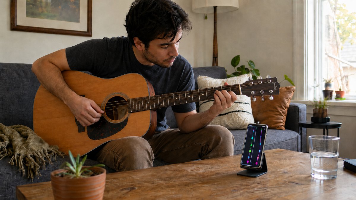Guitarist practicing on a couch with a smartphone propped on a stand showing a colorful practice app