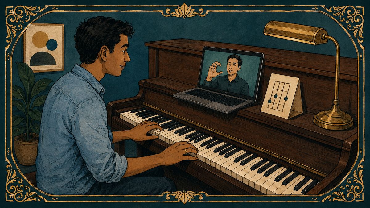 Close illustration of a hand playing a three-note chord on a piano with a teacher demonstrating on a tablet