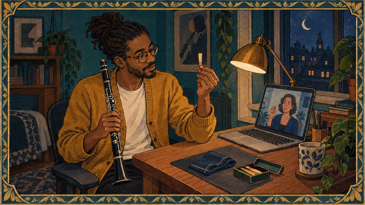 Clarinet student at a desk at night checking a reed while his teacher watches on a laptop