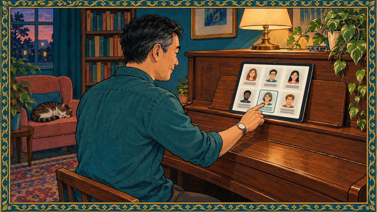 An adult at his upright piano chooses an online piano teacher from profile cards on a tablet