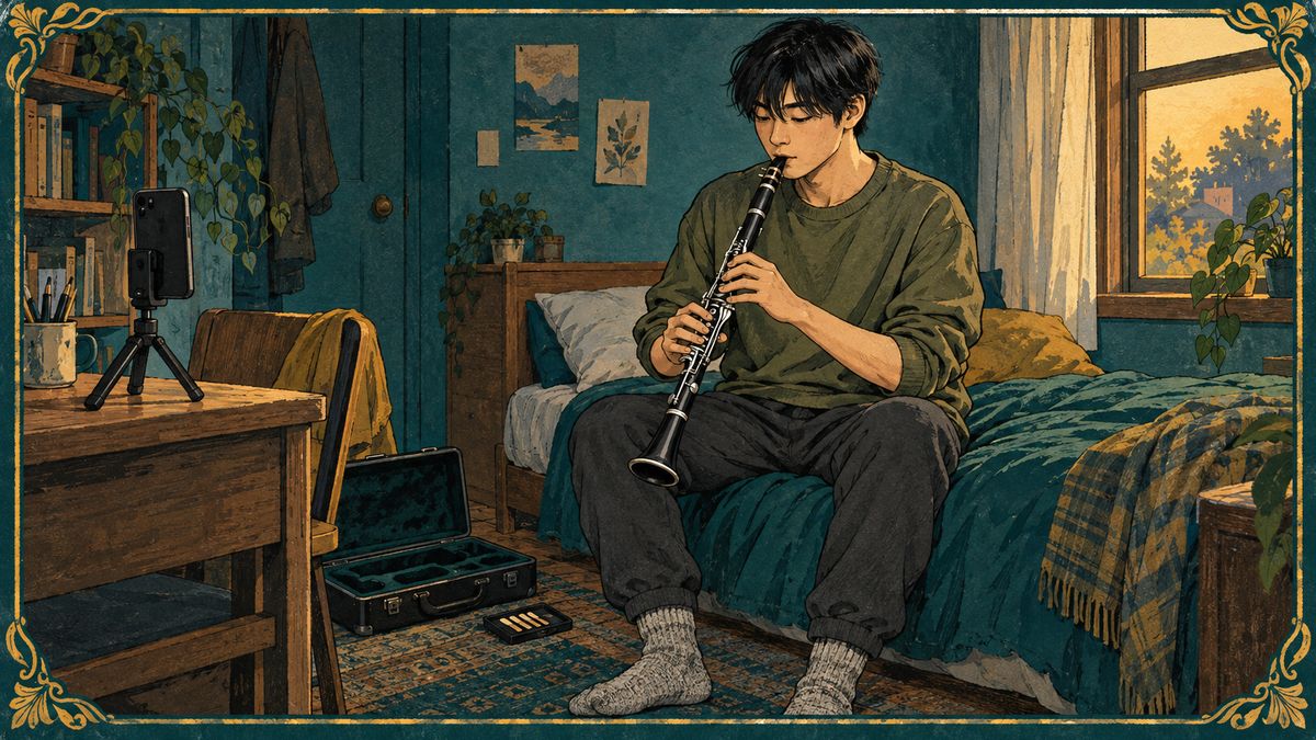 A young man practices clarinet on his bed while a phone on a tripod films his hands