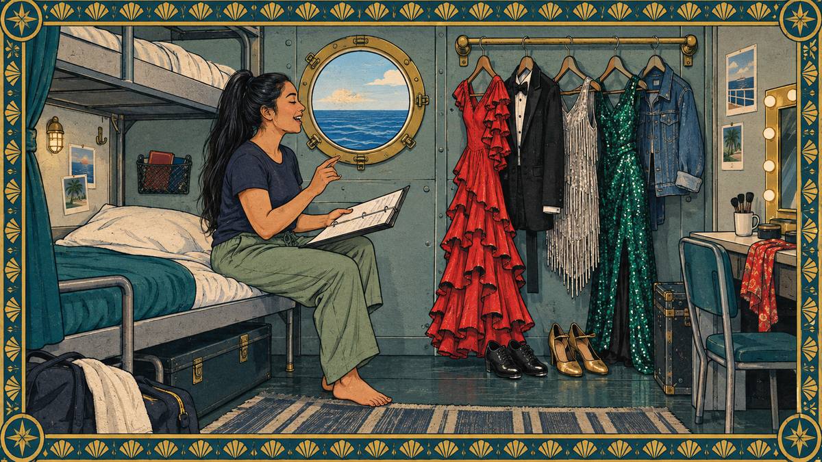 A singer studies show music in her ship cabin beside a porthole and a rail of stage costumes