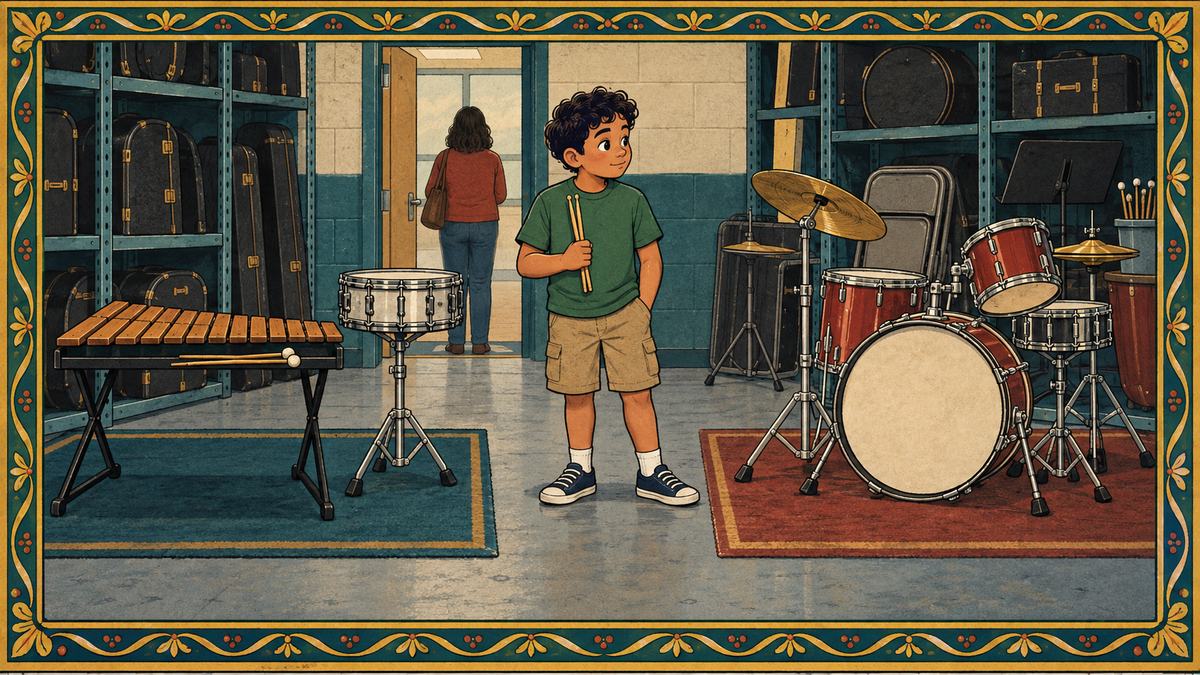 A boy with drumsticks looks between a snare and xylophone and a drum kit in a school band room