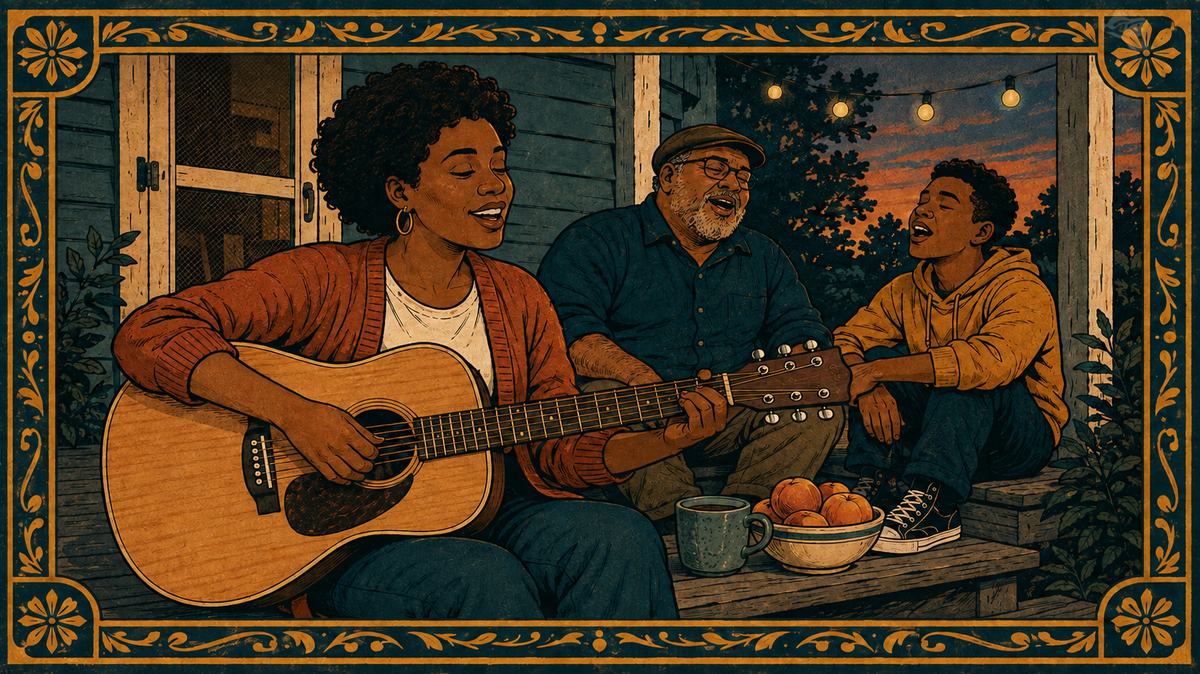 Illustration of a woman strumming an acoustic guitar on a porch at dusk while two friends sing along