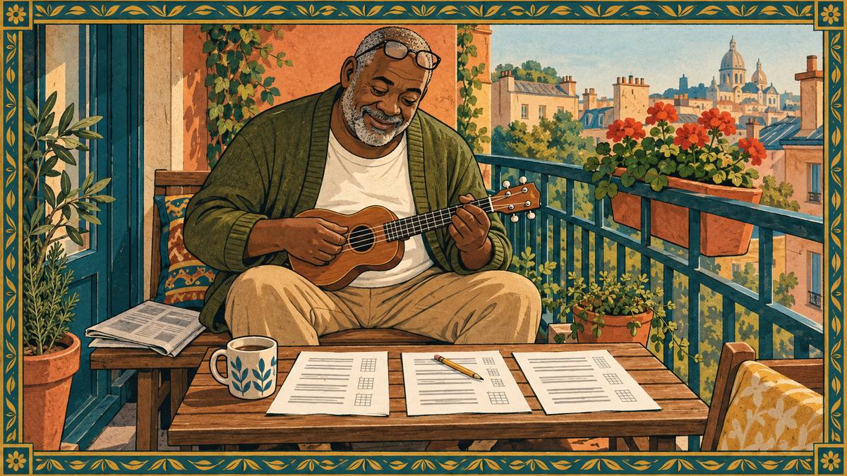Smiling older man on a sunny balcony with a ukulele, three song sheets on the table in front of him