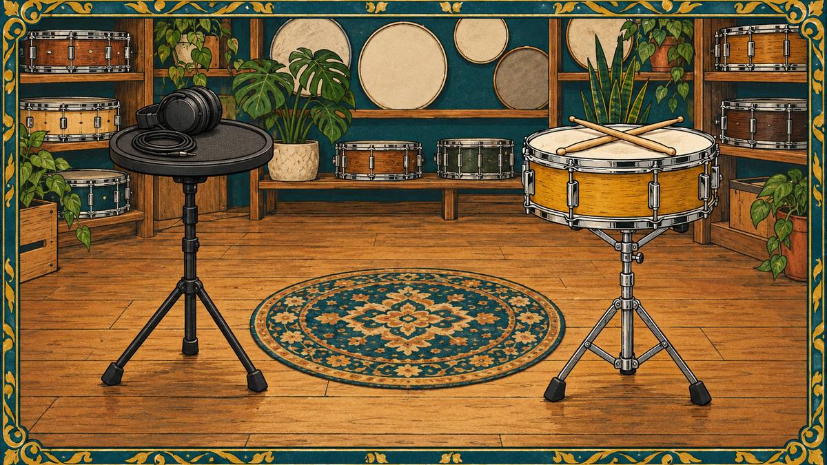 An electronic drum pad with headphones beside an acoustic snare drum with sticks in a drum shop