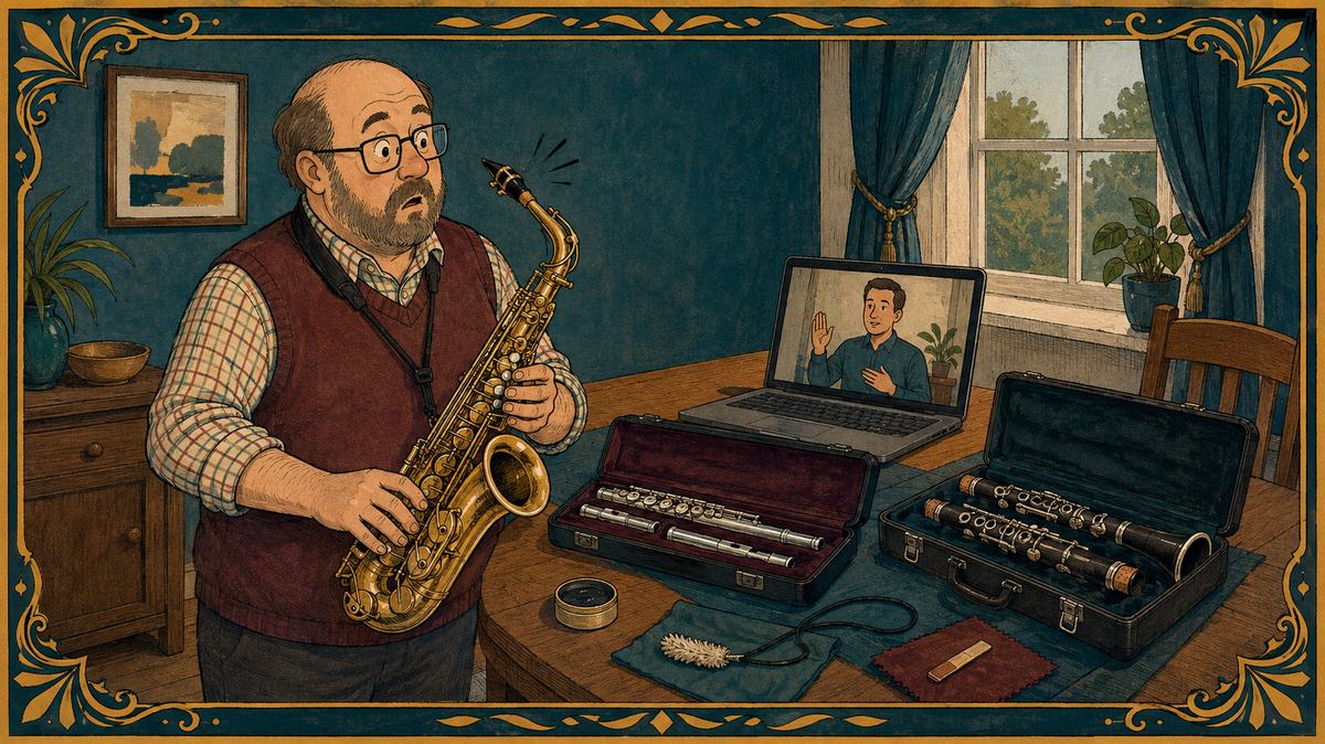 Surprised beginner holding an alto saxophone in an online lesson, flute and clarinet beside him