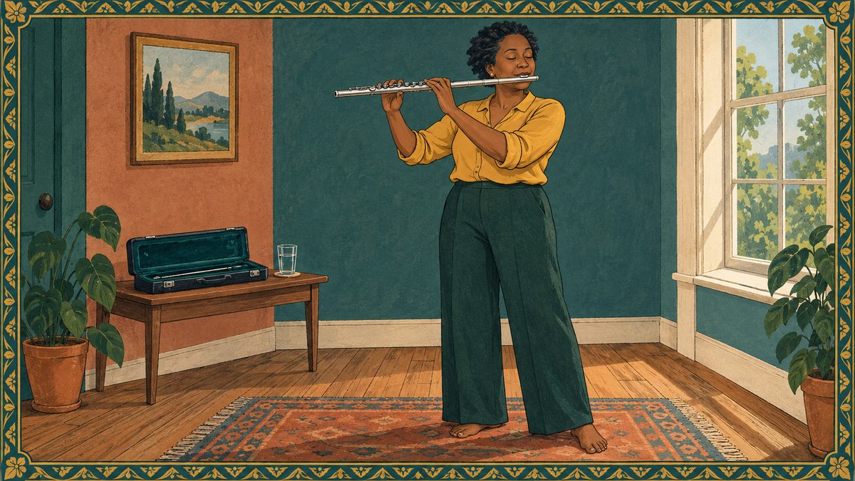 A woman stands playing flute in a bare practice room, shoulders relaxed and eyes closed