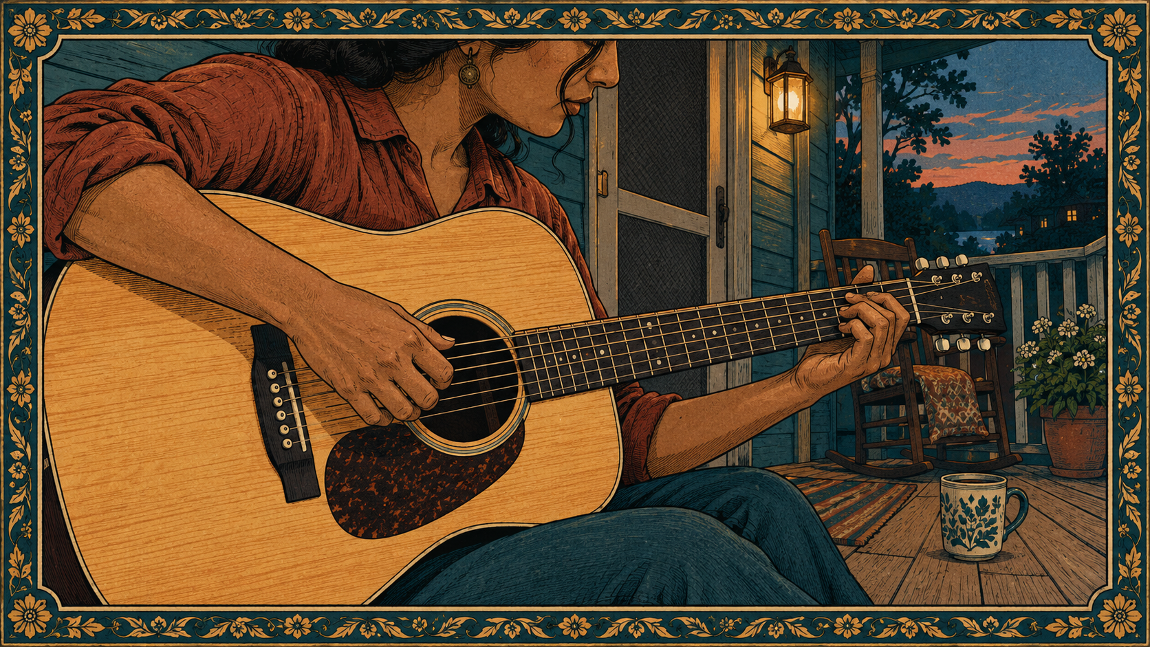 An illustrated guitarist seen from the side, thumb and fingers picking an acoustic guitar's strings