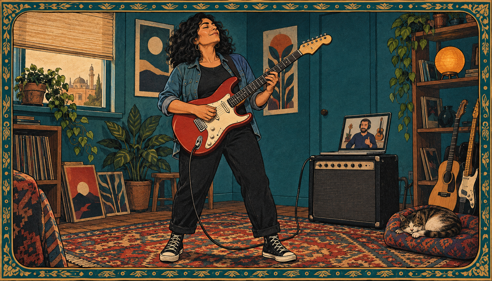 An illustrated guitarist solos with eyes closed on a red guitar while a teacher watches by laptop