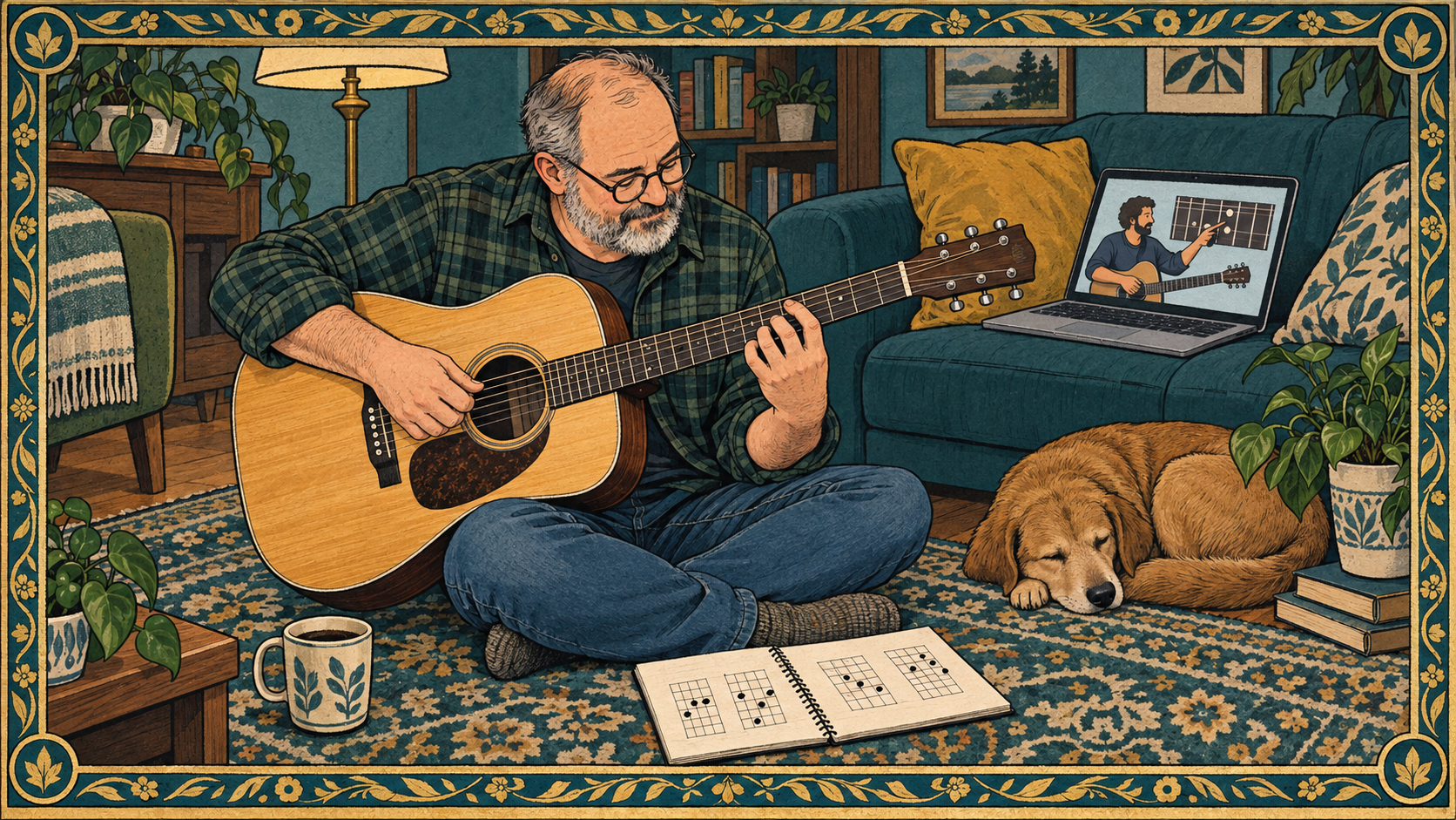 An illustrated guitarist at a desk studying a long guitar neck laid out like a map across the frame