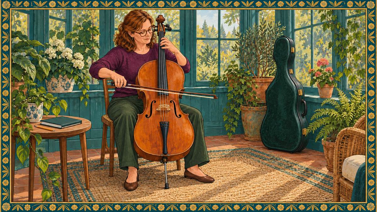 An adult learner plays her cello in a sunroom full of plants, her practice notebook beside her
