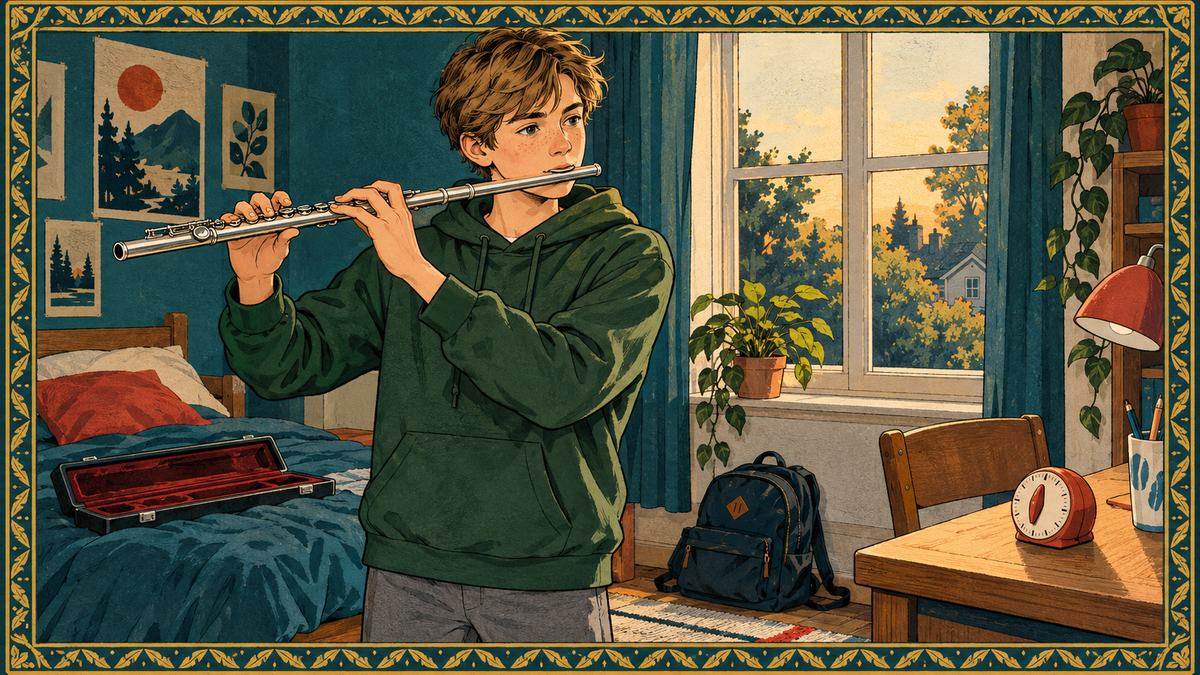 A teenager practices flute in his bedroom after school with a kitchen timer on the desk