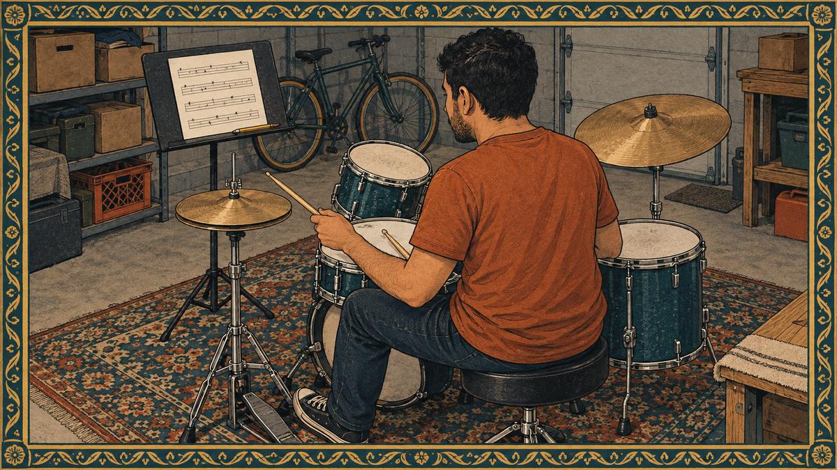 A drummer in a home garage pauses with sticks raised to read a chart on a music stand