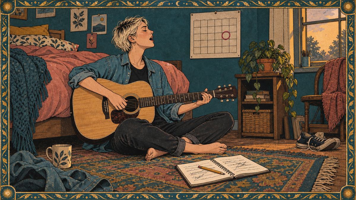 A songwriter with an acoustic guitar and a notebook of crossed-out lines, working out a melody