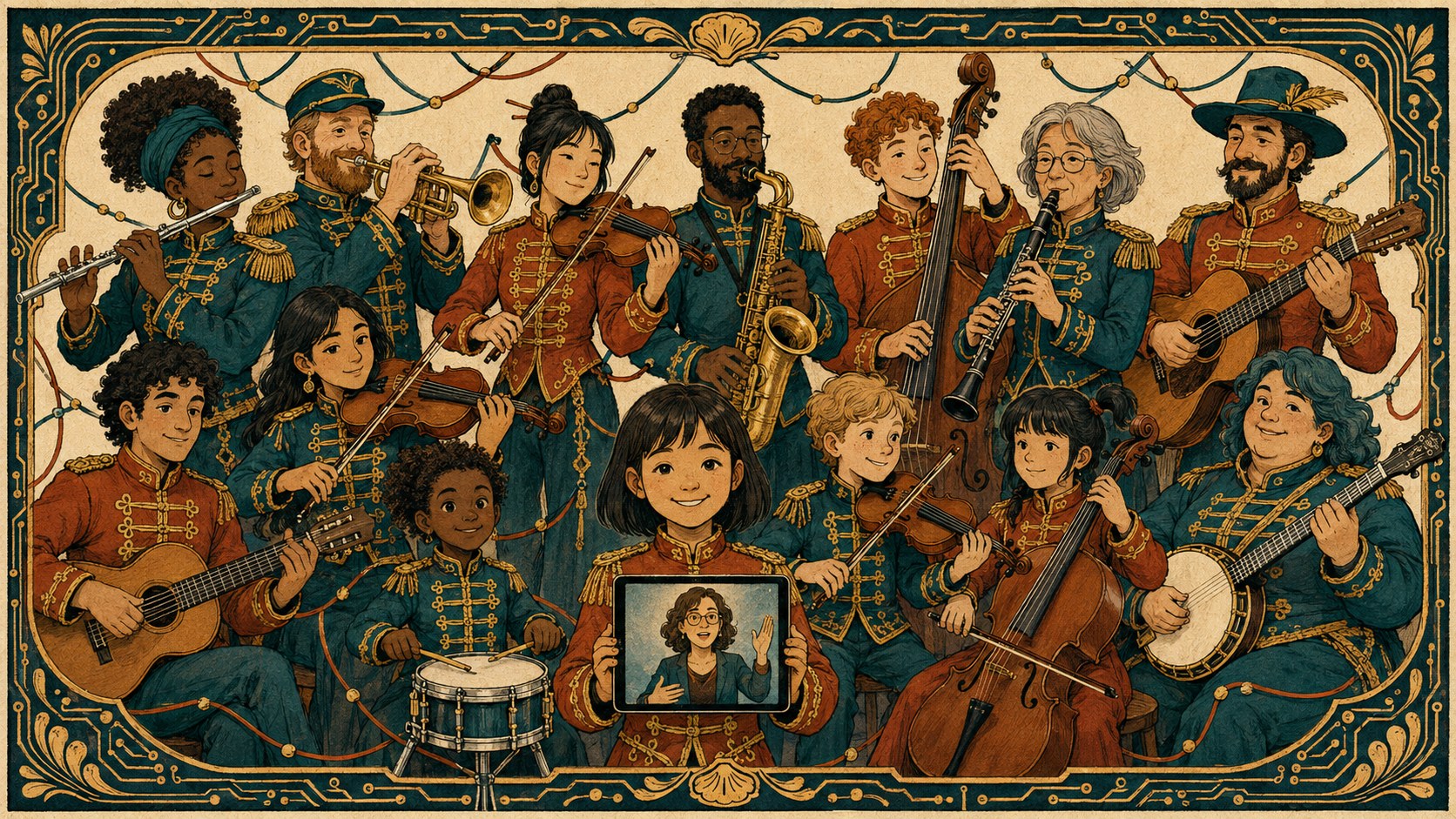 Illustrated band of musicians of all ages in ornate uniforms, one holding up a tablet showing their music teacher mid-lesson
