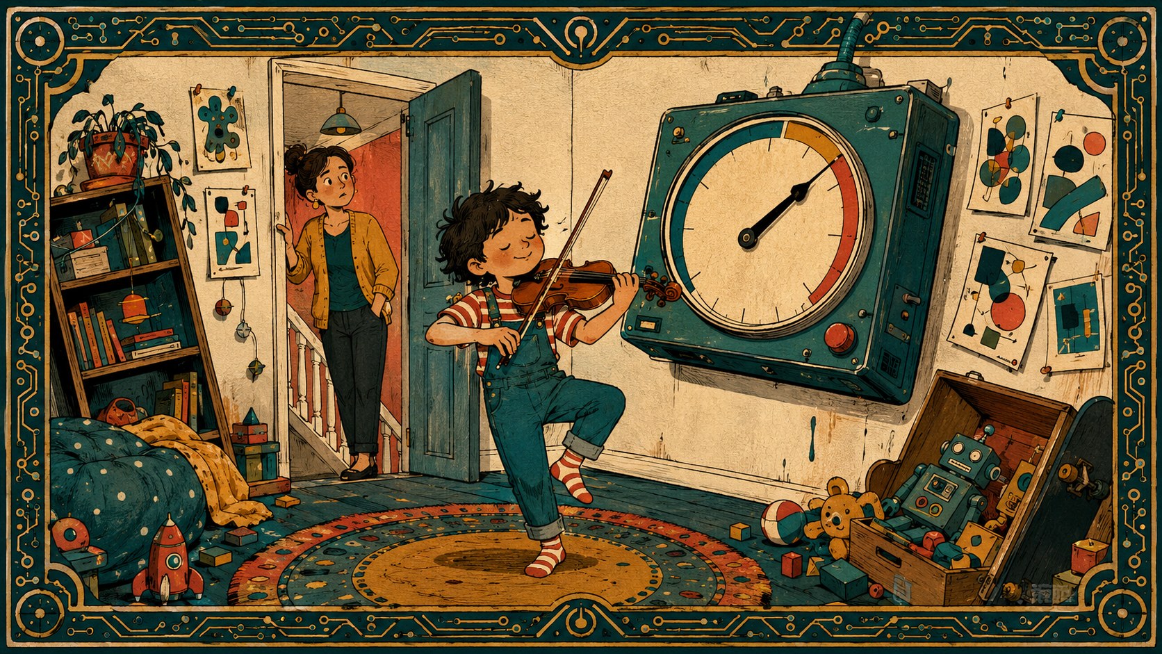 Illustrated child dancing with a violin beneath a large wall scoring dial as a parent looks in