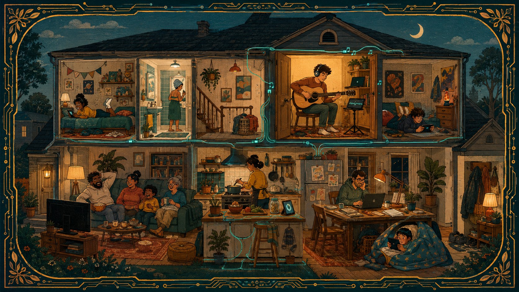 Illustrated cutaway of a family house at night, everyone using ordinary technology downstairs while one person practices guitar alone in a lit upstair
