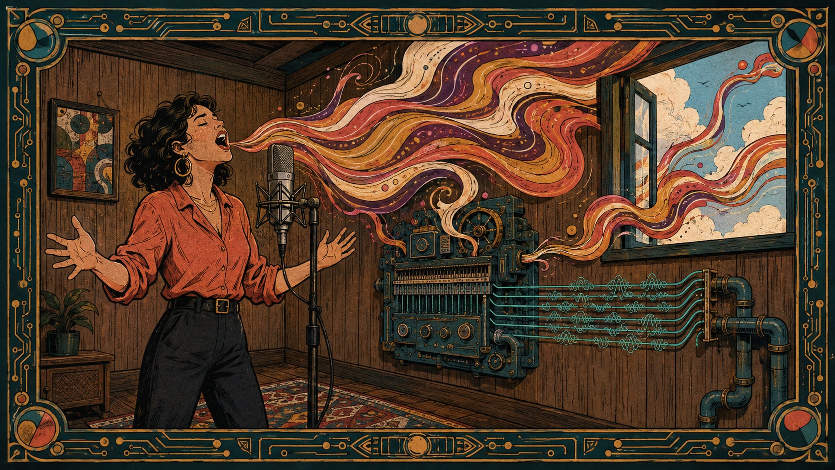 Illustrated singer mid-phrase, her voice leaving as colored ribbons while a wall machine combs part of it into neat waveform lines and the rest escape