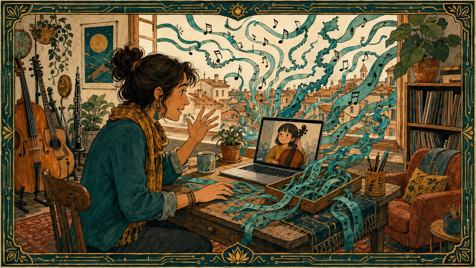 Illustrated teacher at her desk with a cello student on her laptop as ribbons of notes stream in