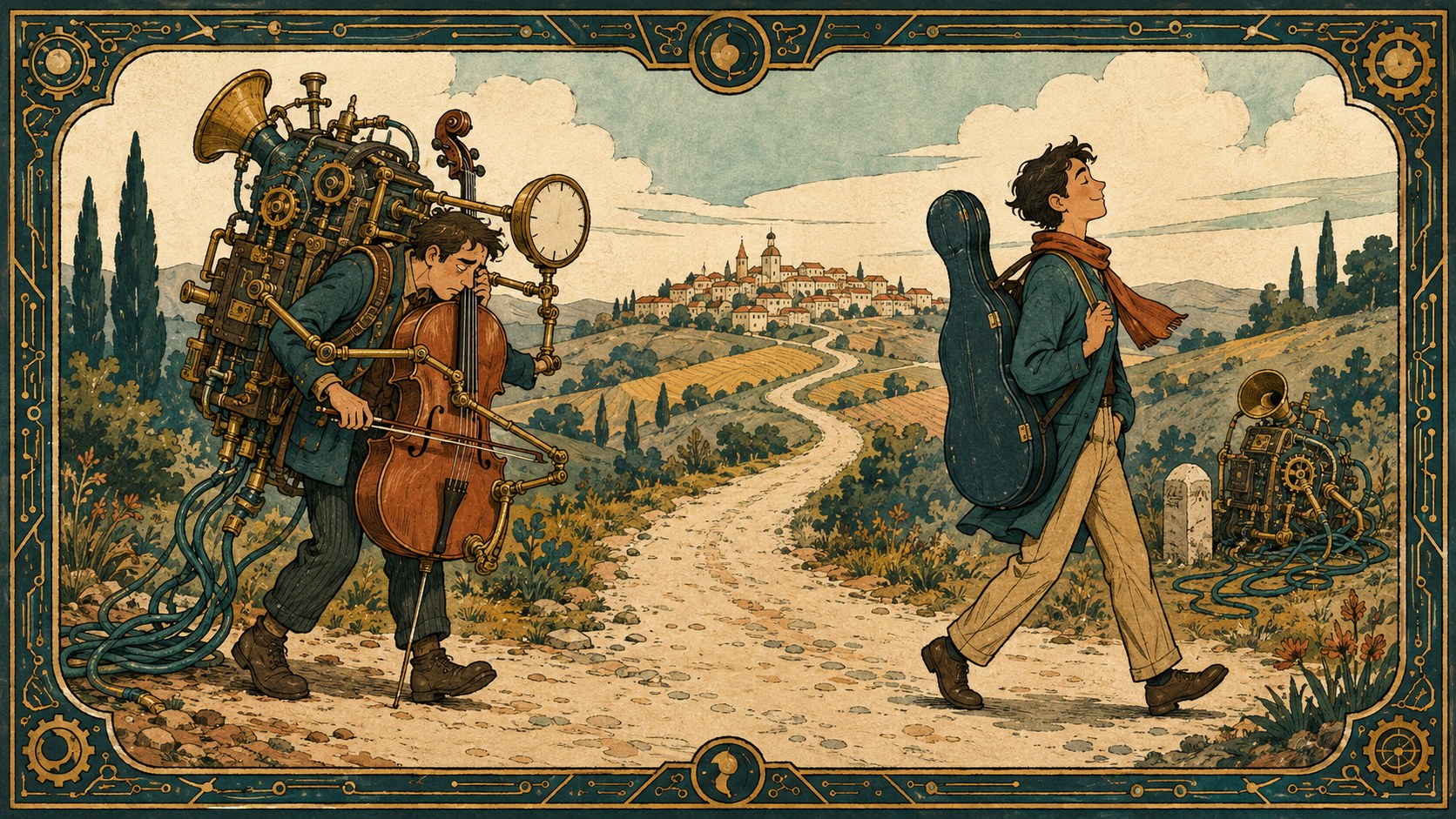 Illustrated country road with one musician bent under a huge machine strapped to their back watching its dial, passing another walking freely with jus