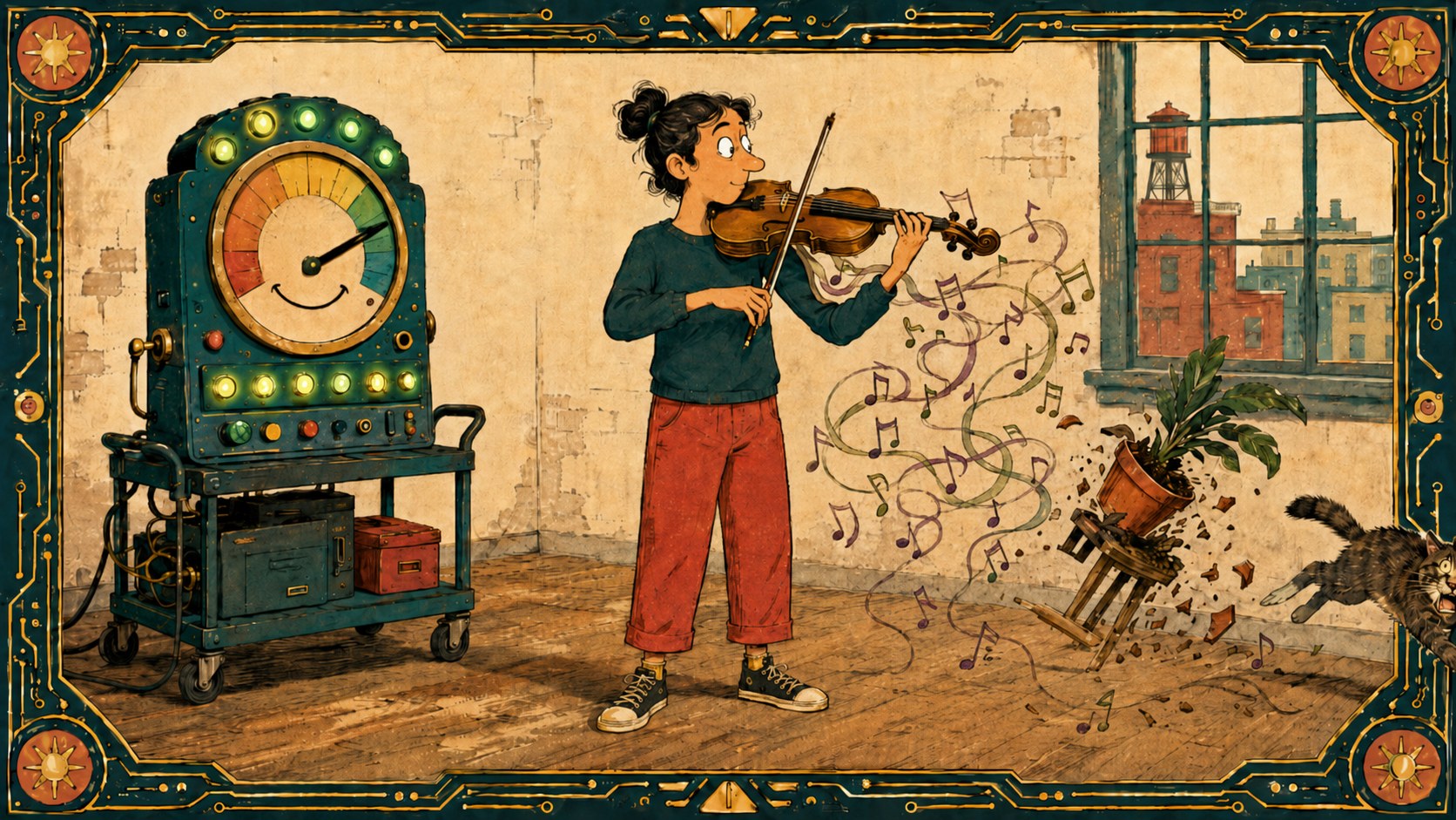 Illustrated violinist bowing correctly while a beaming machine on a trolley approves, as tangled sour musical notes tumble from the violin and knock a