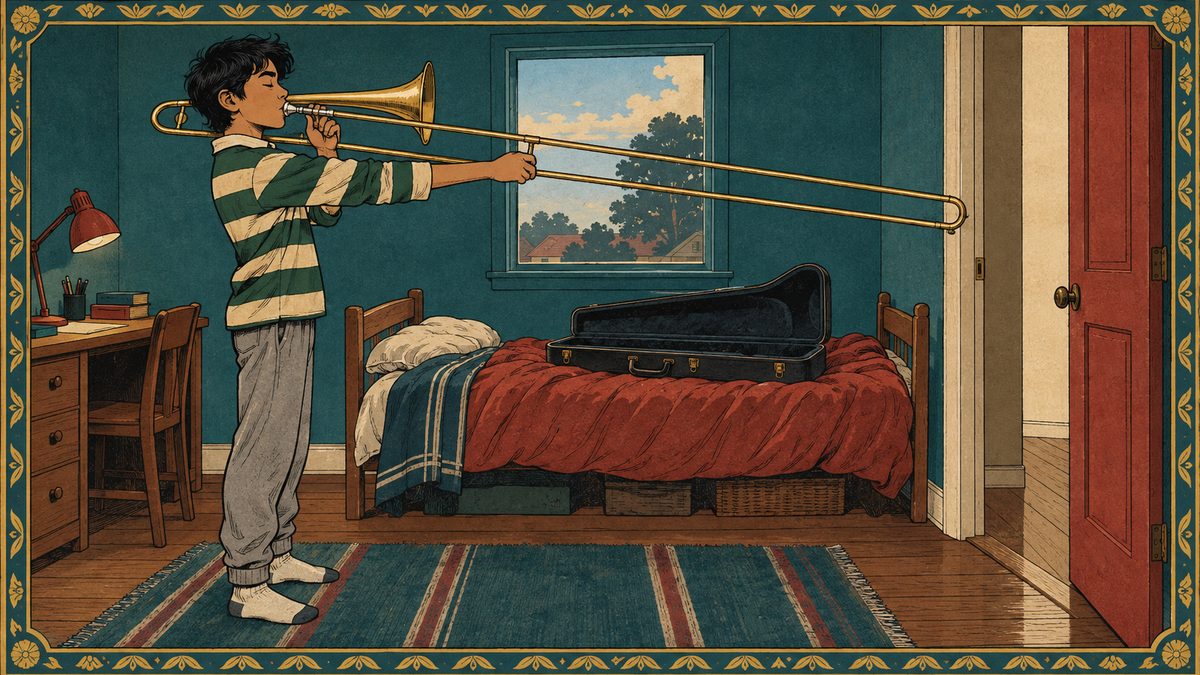 A teenage boy in his bedroom plays trombone, the slide stretched out to the open doorway