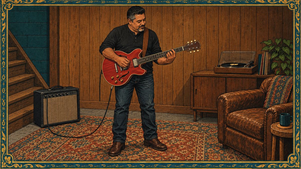 A man in his basement den plays a red semi-hollow electric guitar beside a small amp