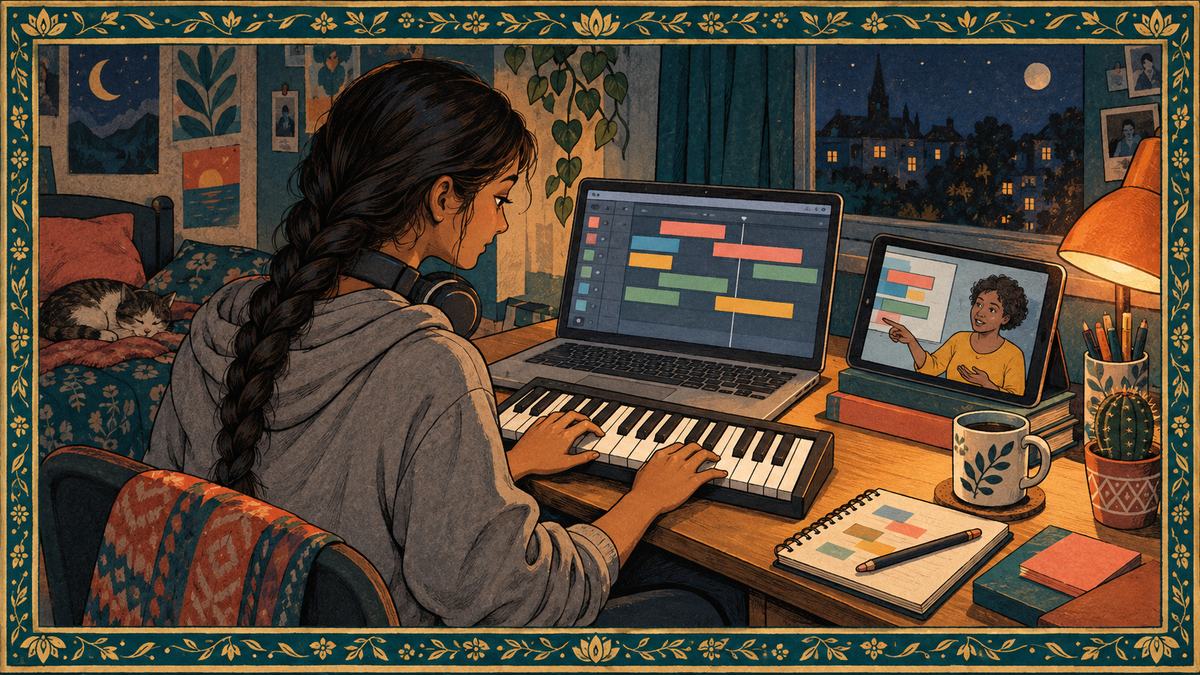 A teenager at a bedroom desk builds a track on a laptop and small keyboard, her teacher on a tablet