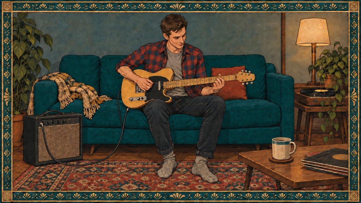 A man on his sofa plays a butterscotch electric guitar plugged into a small amp by a turntable