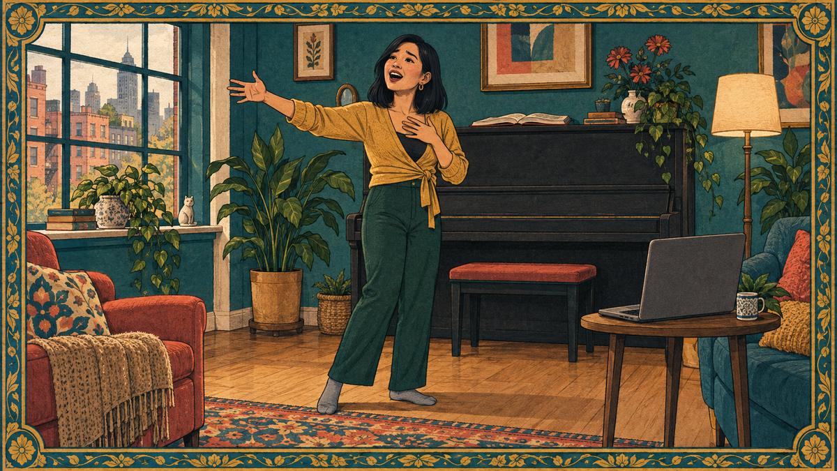 A woman sings a show tune in her living room, one arm reaching out, during an online voice lesson