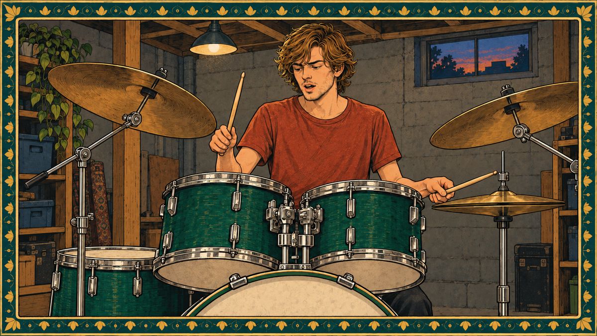 A young drummer in a basement counts aloud as he plays a groove on a green drum kit