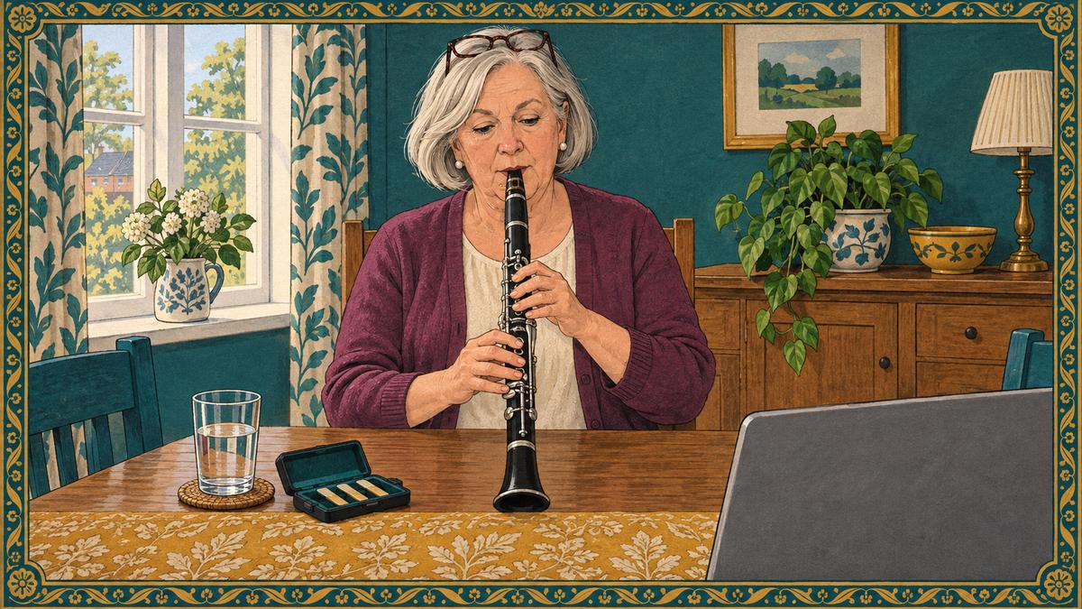 An older woman plays clarinet to her teacher on a video call at her dining table