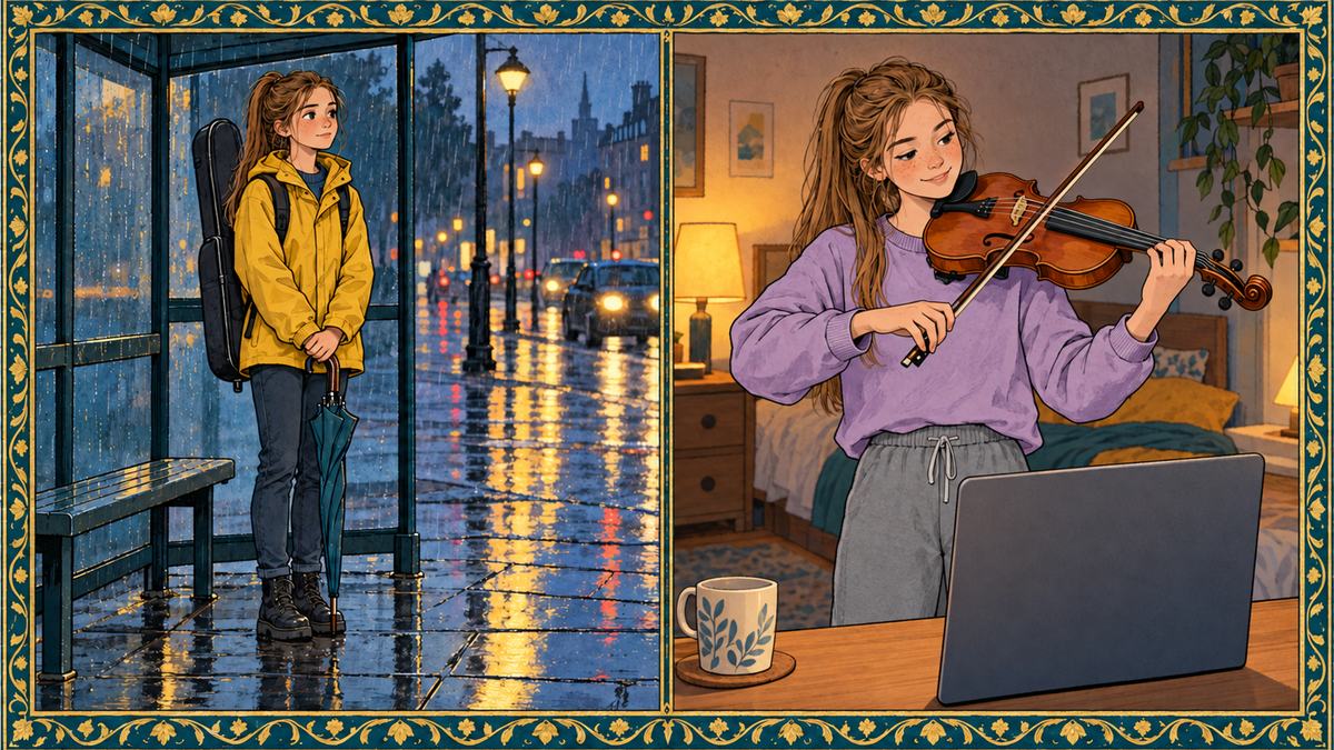 A teen waits at a rainy bus stop with her violin, then plays at home in an online lesson