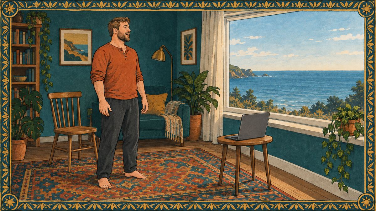 A man stands barefoot on a rug singing, knees soft, gazing out a window toward the sea