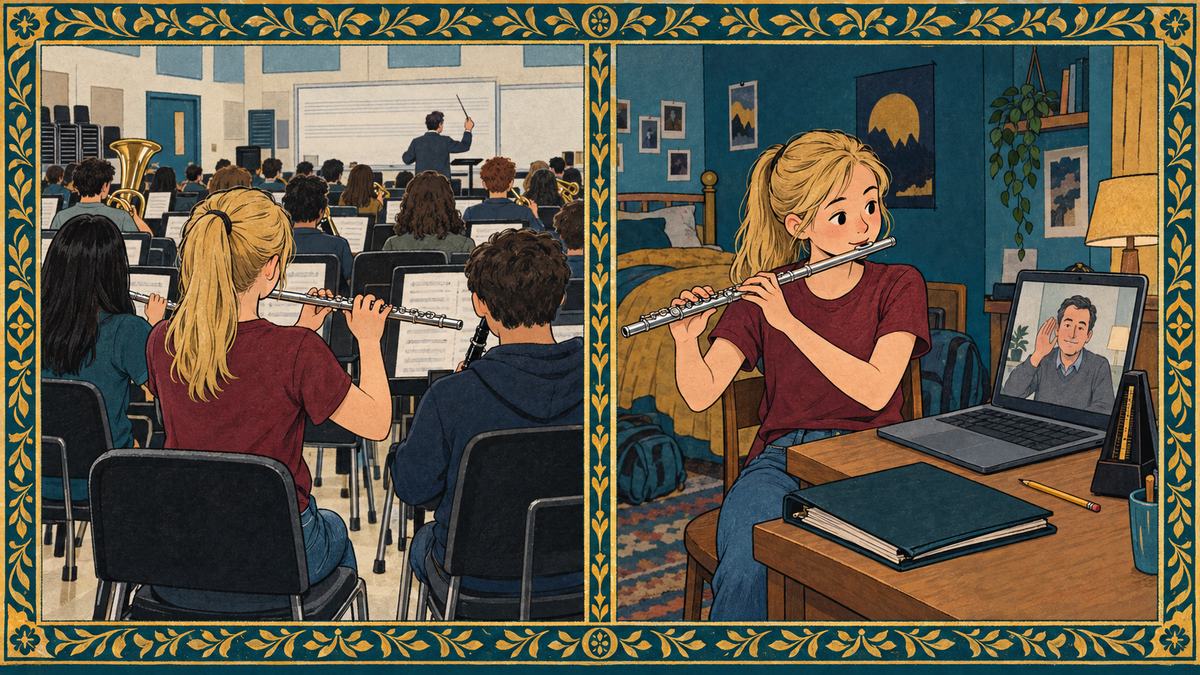 A teenage flute player in a crowded school band rehearsal, then alone at home in an online lesson