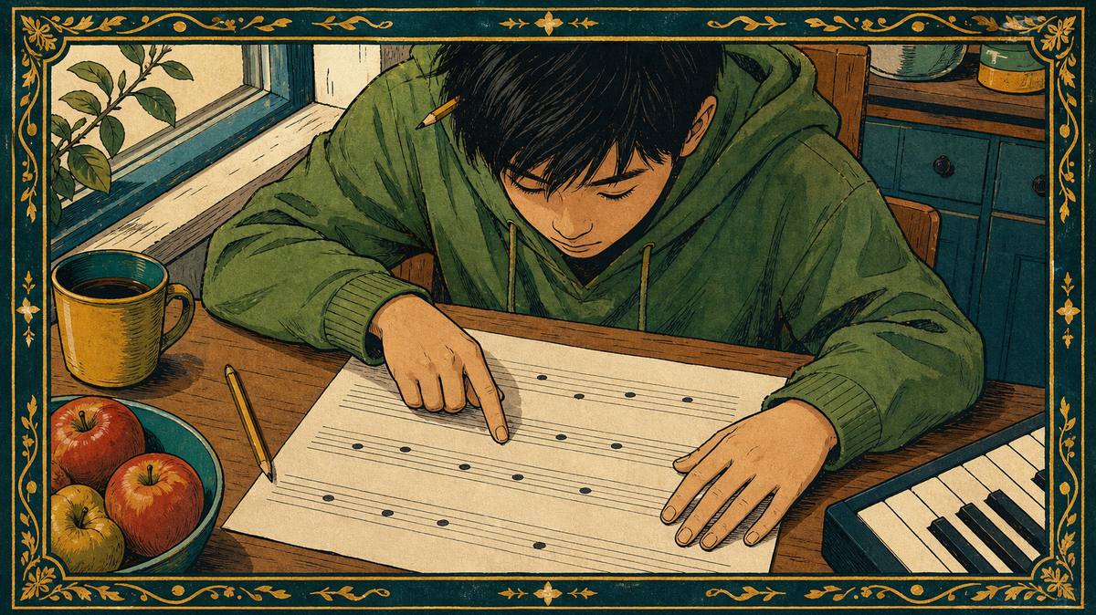 Illustration of a teenager in a green hoodie tracing notes on staff paper at a kitchen table