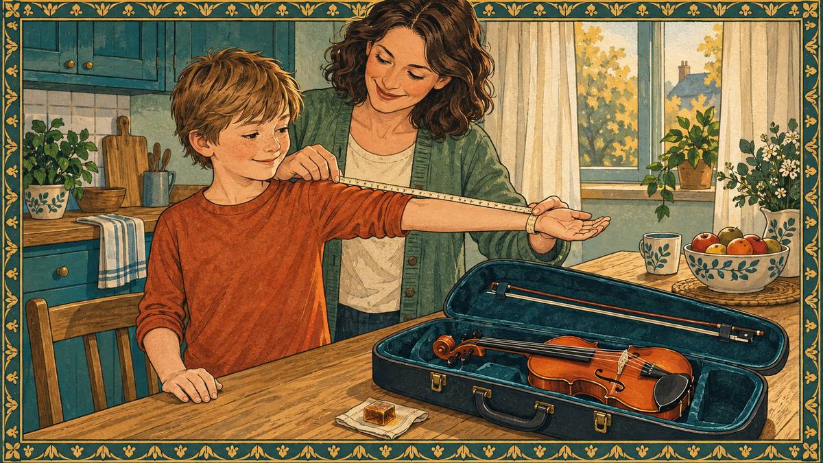 A mother measures her son's outstretched arm with a tape measure beside an open violin case