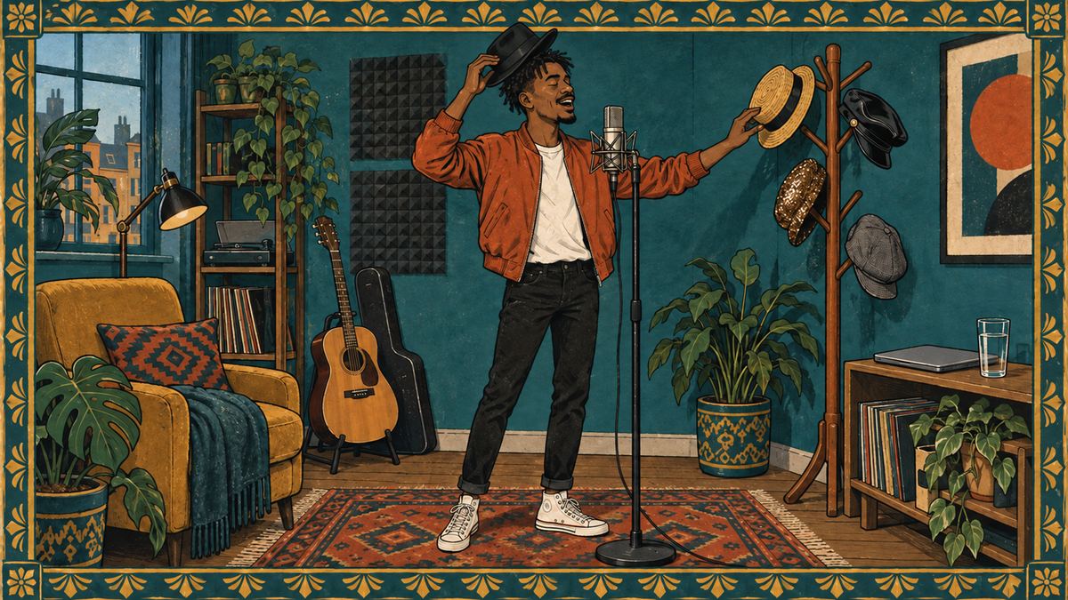 A young man sings at a microphone at home, swapping a fedora for a straw boater from a hat rack